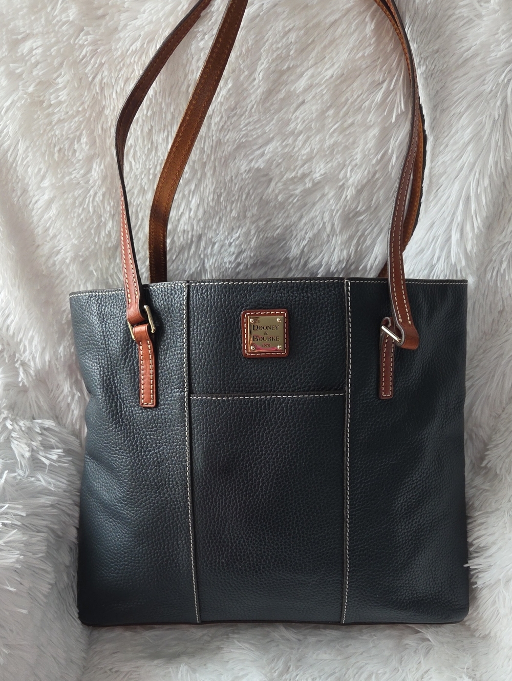 Dooney & Bourke Dark Blue Tote with Brown Trim and Straps